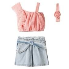 Crop top ροζ με τζιν σορτς